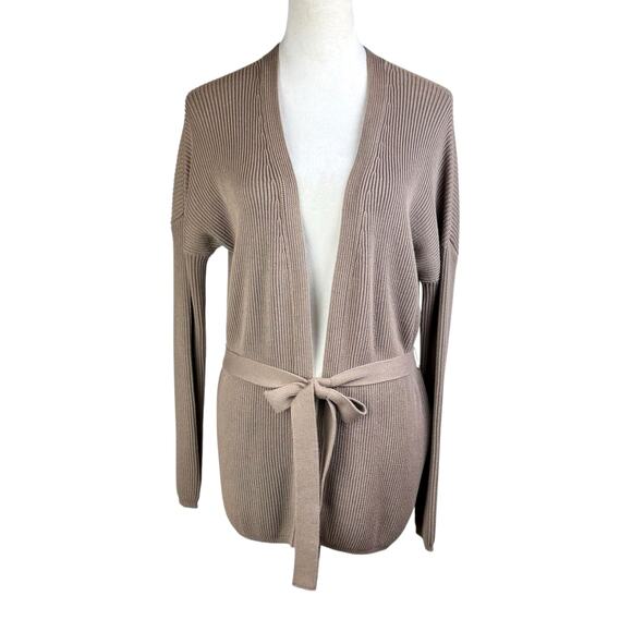 Max Mara Leisure Neutral Brown Ribbed Knit Long Sleeve Belted Cardigan Sweater - Picture 1 of 11